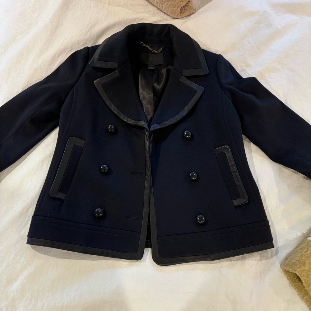 J. Crew Navy Pea Coat with Leather Accents